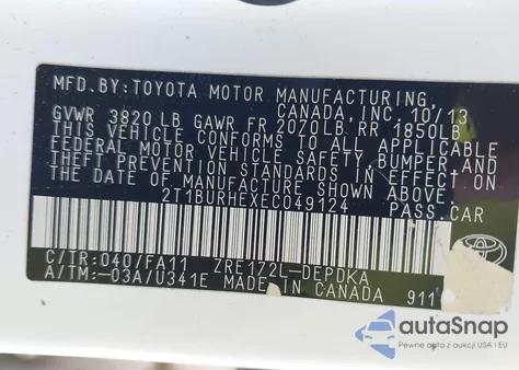2014 Toyota Corolla L/Le/Le Pls/Prm/S/S Pls from USA, damaged, VIN 2T1BURHEXEC049124